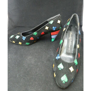 BEVERLY FELDMAN Heels Size 5.5-6 Black Velvet Embroidered Gaming Novelty Vintage